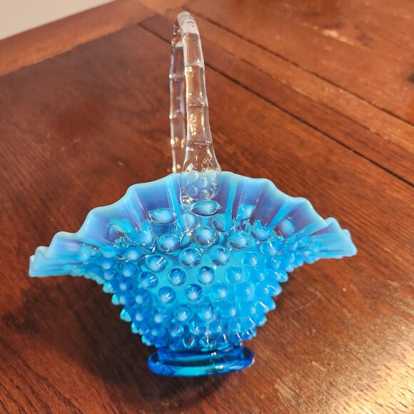 Vintage Fenton Blue Opalescent Hobnail Basket - Picture 6 of 11